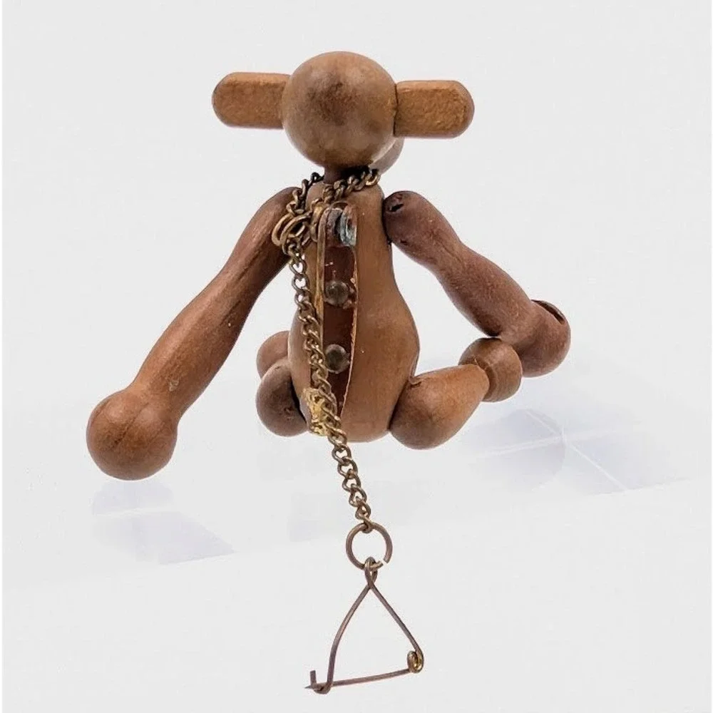 Vintage Zoo Line Japan Monkey Brooch Built in Pin-Chain Wooden‎ Articulated MCM